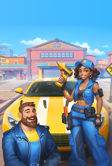 Man and women near yellow car